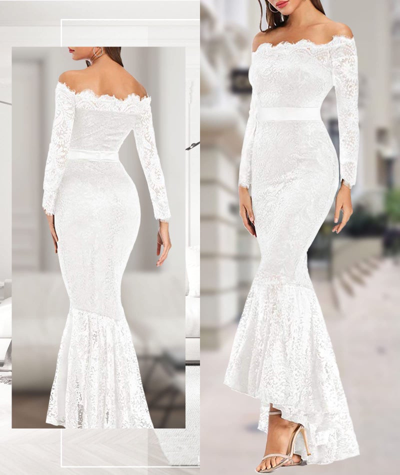 LALAGEN Women's Floral Lace Long Sleeve Off Shoulder Wedding Mermaid Dress White XXL - Image 4